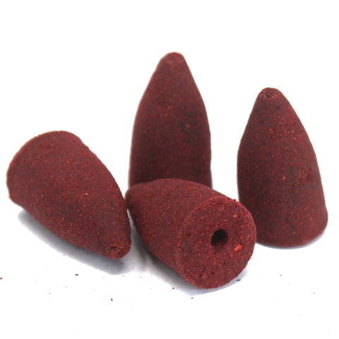 Aromatica Backflow Incense Cones, Rose, four dark red cones on a white background