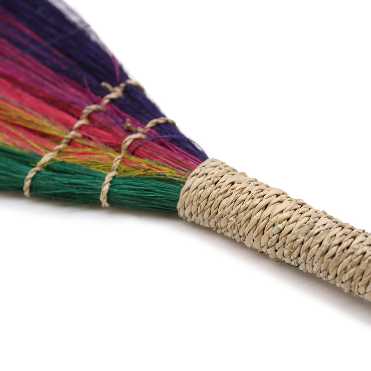 Set 4, Pampas Broom, Rainbow Colours close-up of colourful fibres and twine-wrapped handle