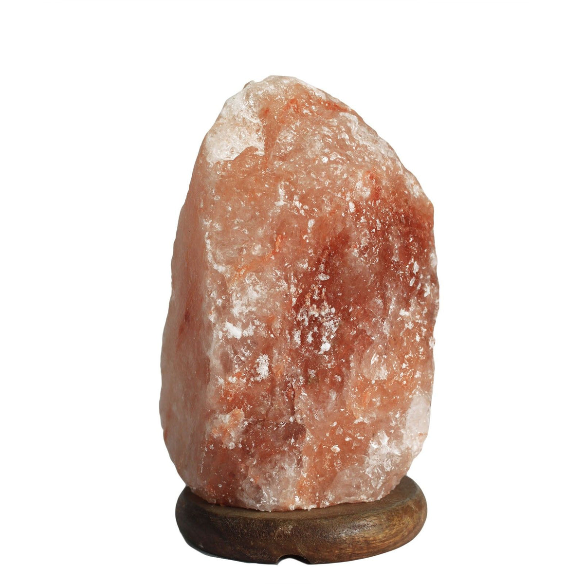 Natural pink salt lamp on a dark wooden base, shown upright against a plain white background