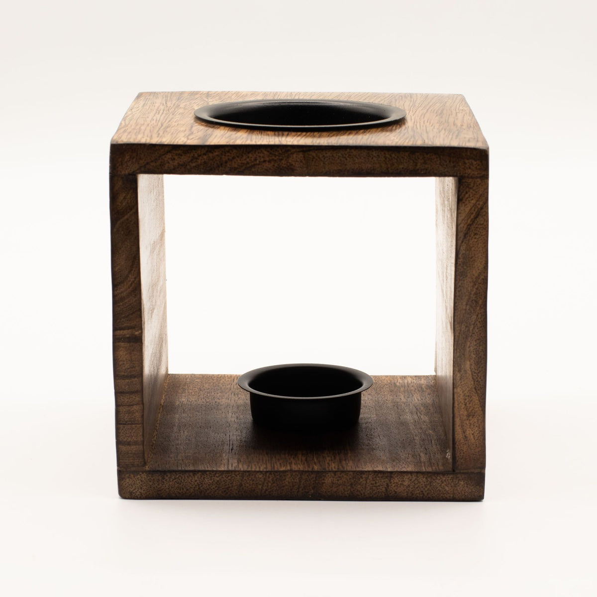 Large Square Mango Wood Oil Burner- Pentagon, front view with black dishes in the square wooden frame