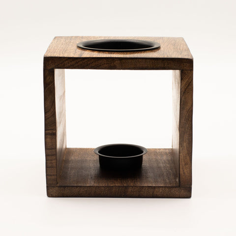 Large Square Mango Wood Oil Burner- Pentagon, front view with black dishes in the square wooden frame
