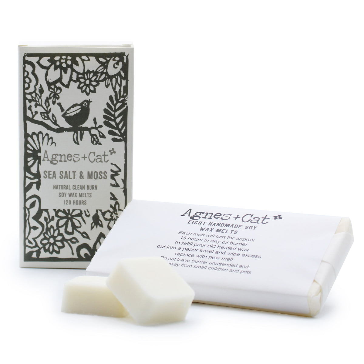 Agnes + Cat Box of 8 Wax Melts, Seasalt + Moss, box and wrapper with pale wax pieces