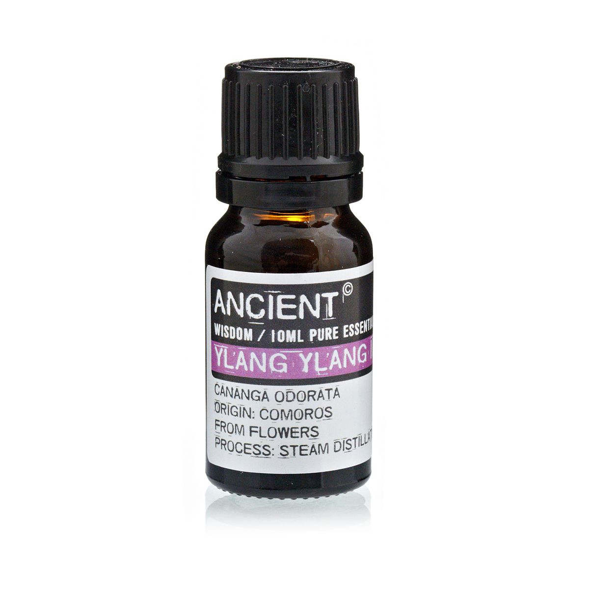 10 ml Ylang Ylang I Essential Oil in a dark glass bottle with a black cap and printed label
