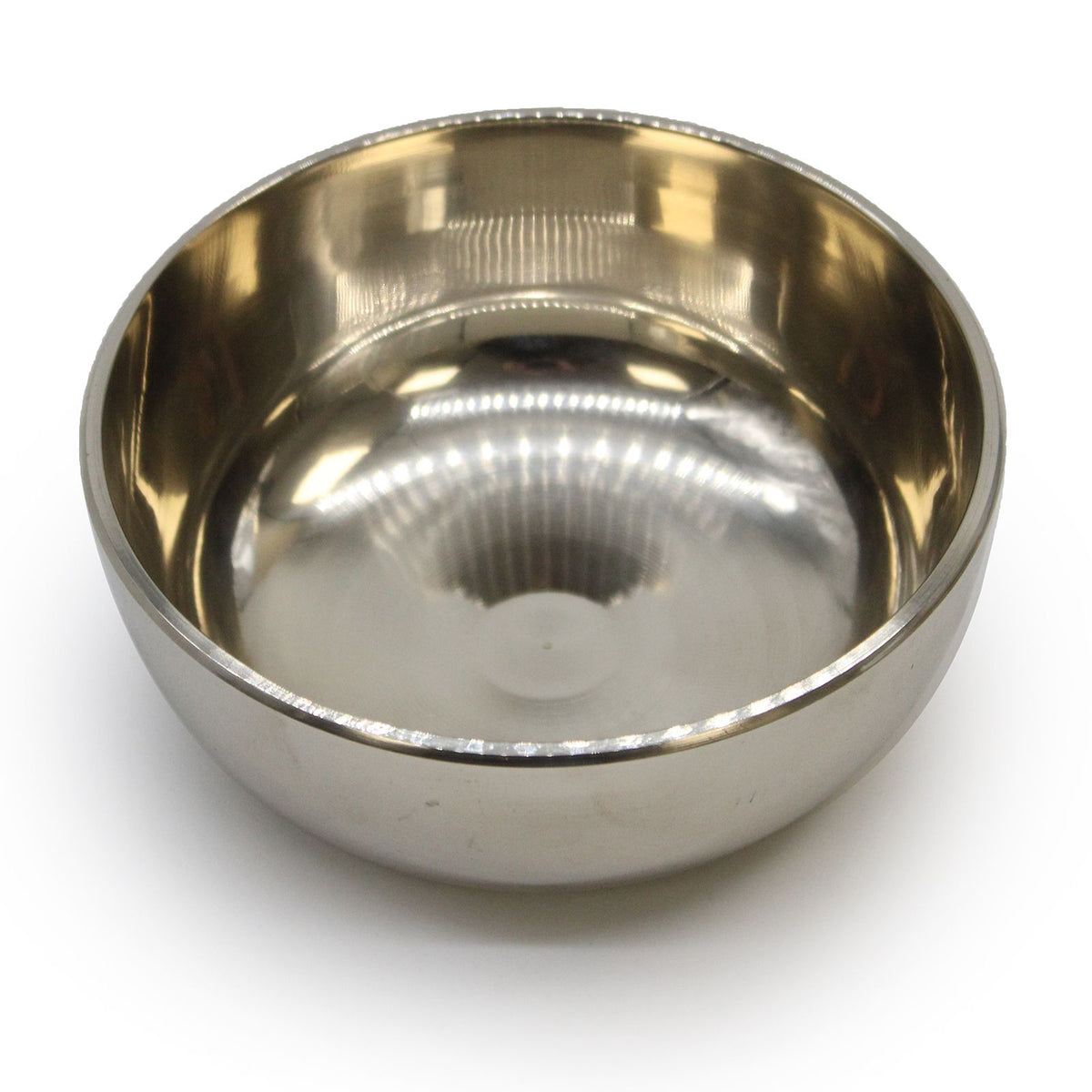 Medium Brass Sing Bowl, 12cm, reflective silver-toned bowl shown open from above on white