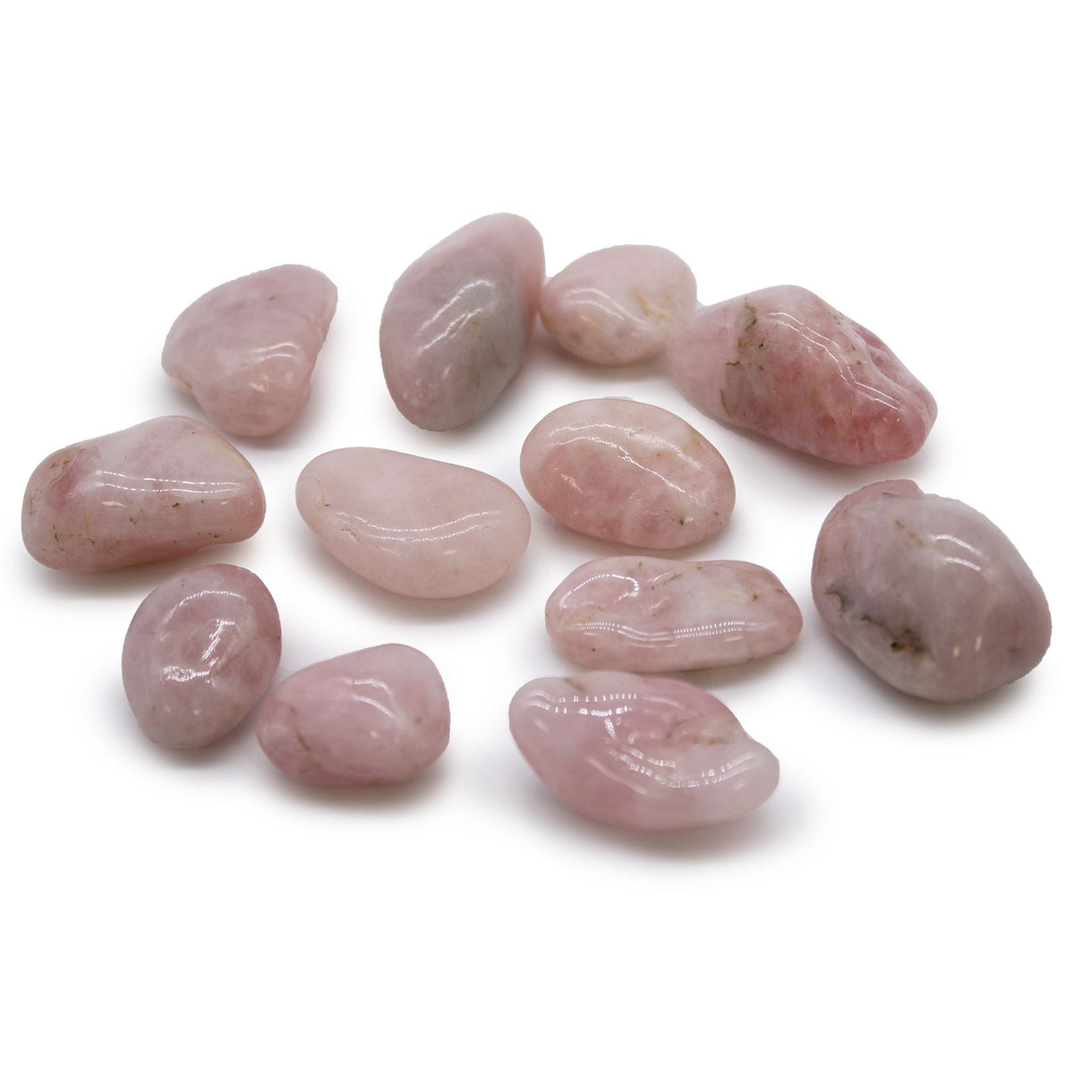 Medium African Tumble Stones, Rose Quartz, glossy pale pink stones arranged on a white background