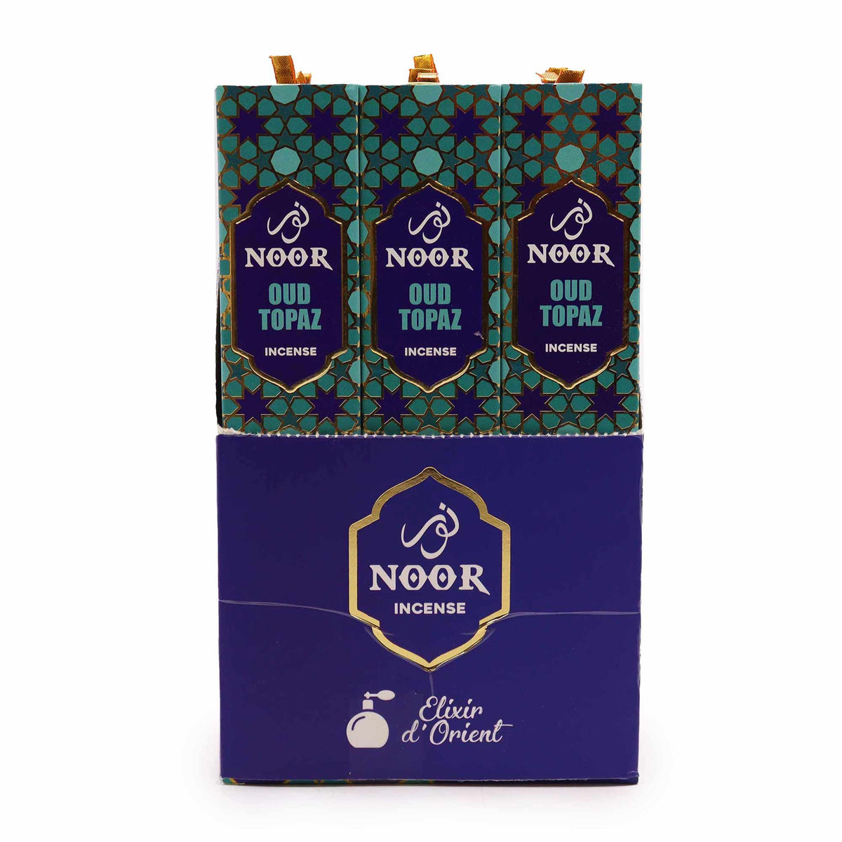 Noor Oud Incense, Topaz in a purple and teal patterned box, front view with three inner cartons visible