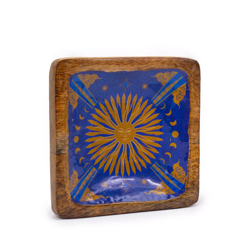 Hop Hare Big Enameled Square Trinket Tray, The Sun, with blue and gold sun design in a wooden frame