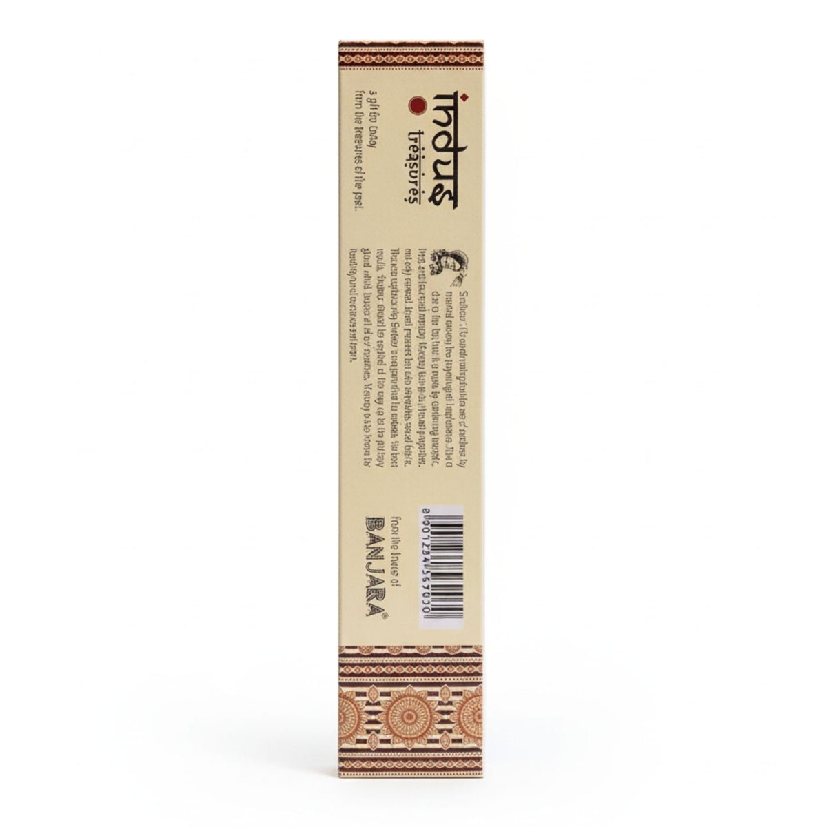 Indus Treasures Sandalwood incense sticks box, narrow side panel with printed information and barcode