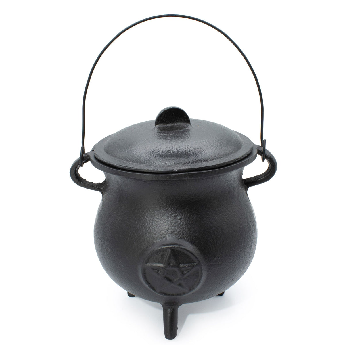 Extra Huge Cast Iron Cauldron with Pentagon, black lidded pot with a raised handle and three feet