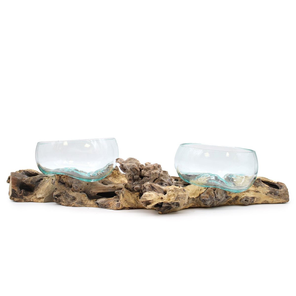Two empty clear glass bowls on the long pale and dark wood stand, shown against white