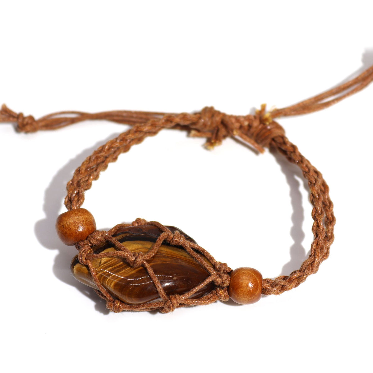 Gemstone Bracelet Cord, Brown, shown from the front with a striped stone set in braided cord
