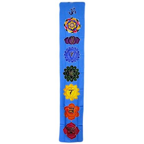 Chakra Drop Banner, a long sky blue wall hanging shown flat from the front with colourful chakra symbols