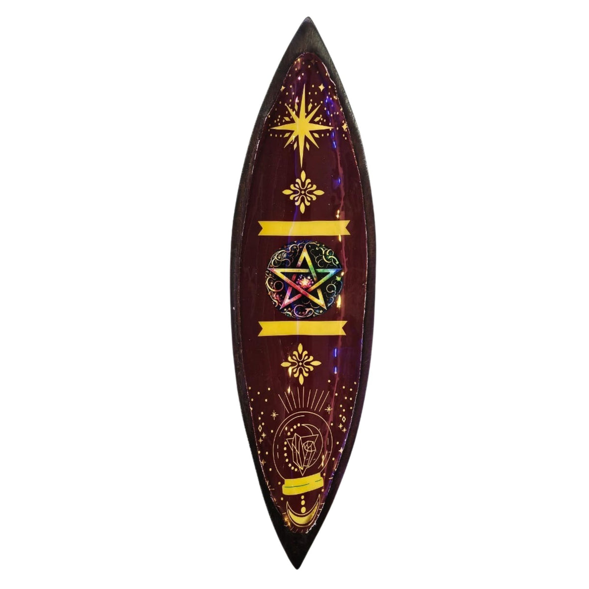 Enamel Incense Bowl, Mango Wood, Pentagon, long pointed dark bowl with colourful gold patterns, shown from above