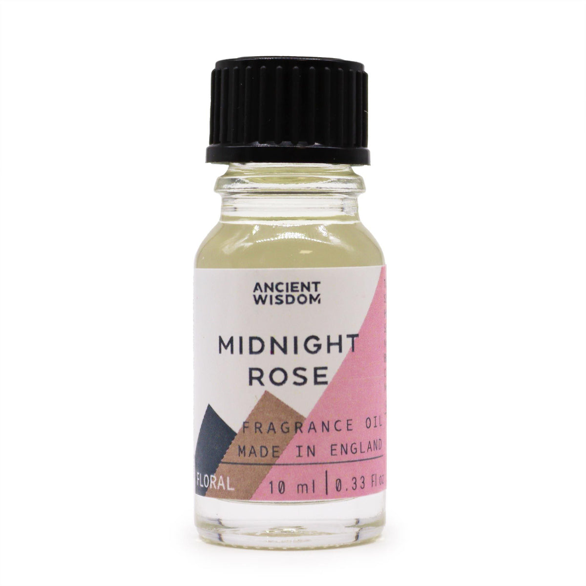 10ml Midnight Rose Fragrance Oil in a clear glass bottle with black cap and pink geometric label, front view