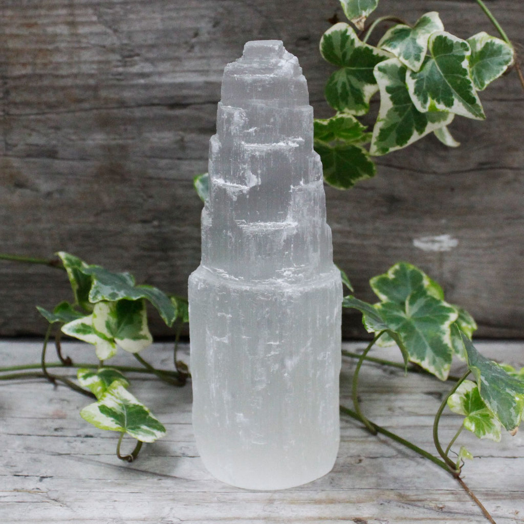 A 15 cm natural selenite tower on a wooden surface with ivy behind it.
