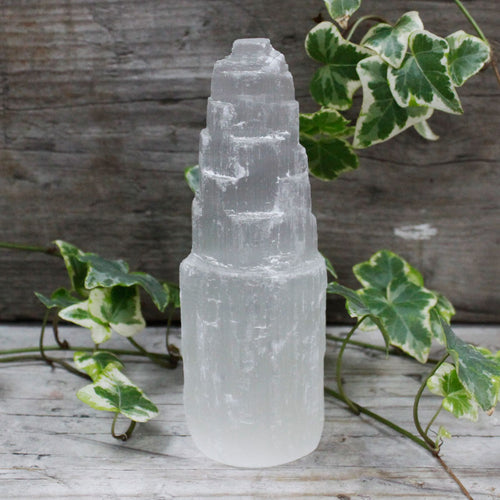 A 15 cm natural selenite tower on a wooden surface with ivy behind it.