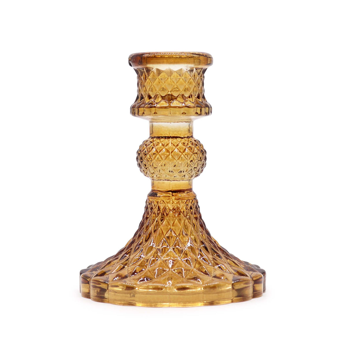 Vintage Dinner Candle Holder, Antique Amber, front view of an ornate amber glass holder alone