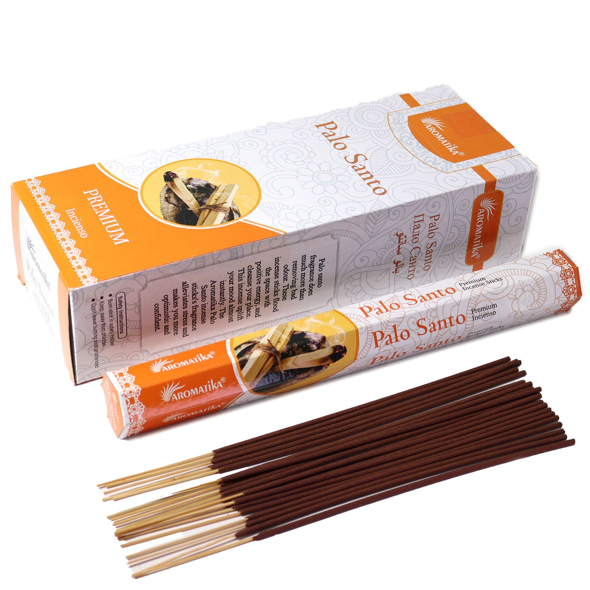 Aromatika Charcoal Free Hex Incense, Palo Santo box and tube beside a fan of dark brown incense sticks