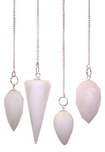 Magic Pendulum, Snow Quartz pendulums in four pale stone shapes hanging from silver-coloured chains