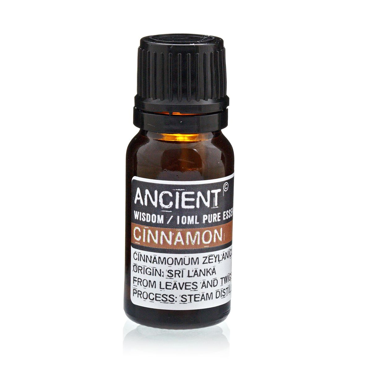 10 ml Cinnamon Essential Oil in a small amber bottle with a black cap, shown upright from the front