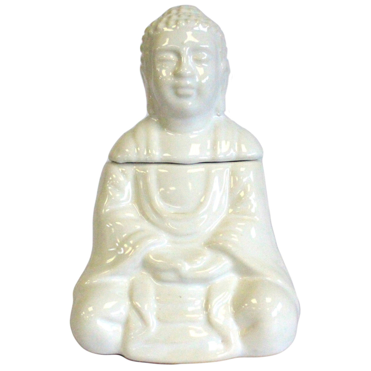 Sitting Buddha Oil Burner, White, glossy white figure shown closed from the front