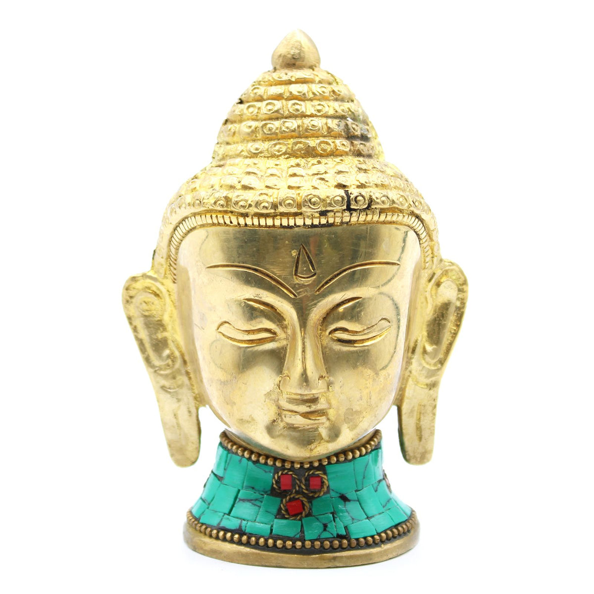 Brass Buddha Figure, Lrg Head, 11.5 cm, front view with a turquoise and red base on white