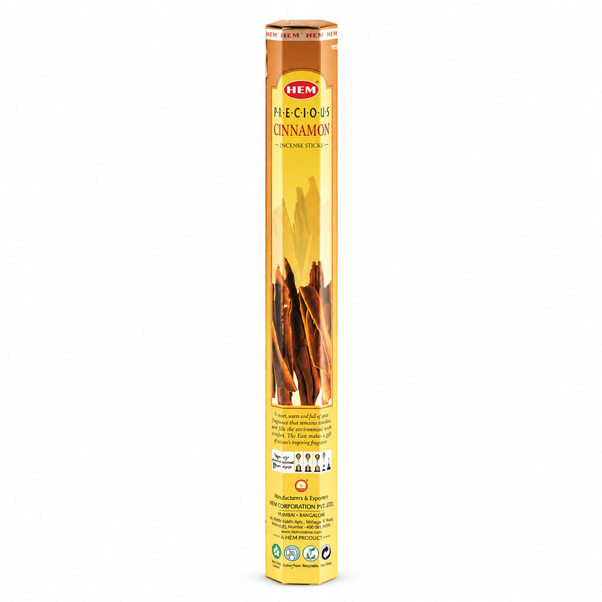 HEM Precious Cinnamon incense in its tall yellow and orange pack