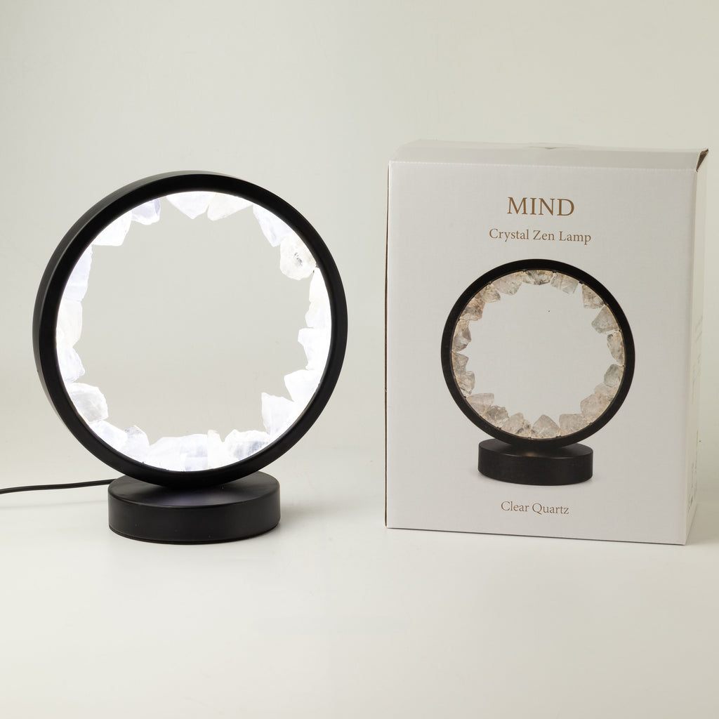Lamp displayed beside its box marked Mind and Clear Quartz