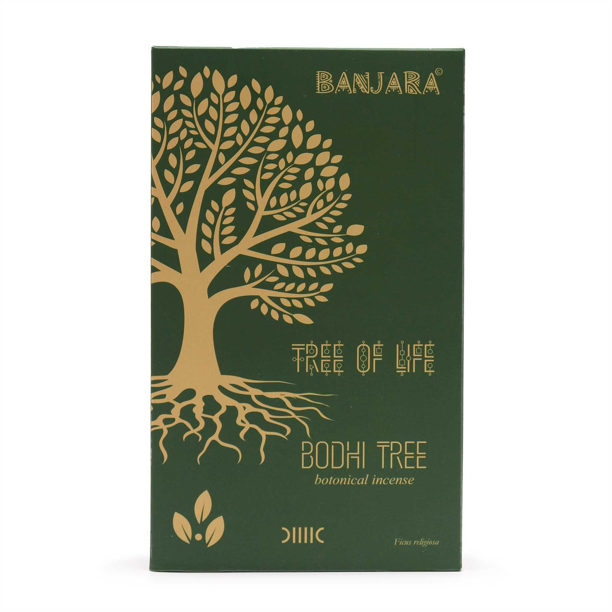 Bodhi Tree incense green box shown upright from the front, with gold tree artwork and lettering