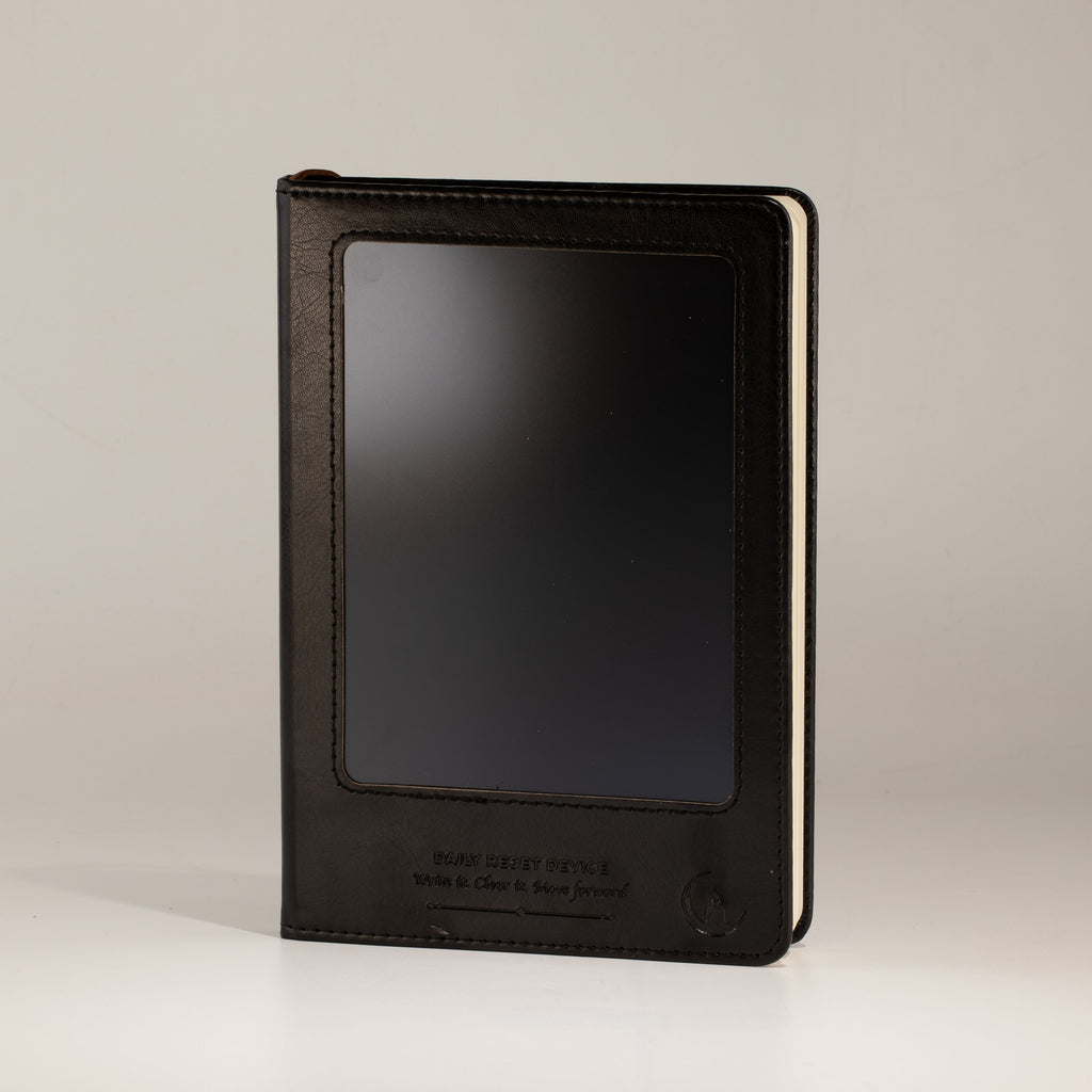 Upright black notebook showing its front screen and cover