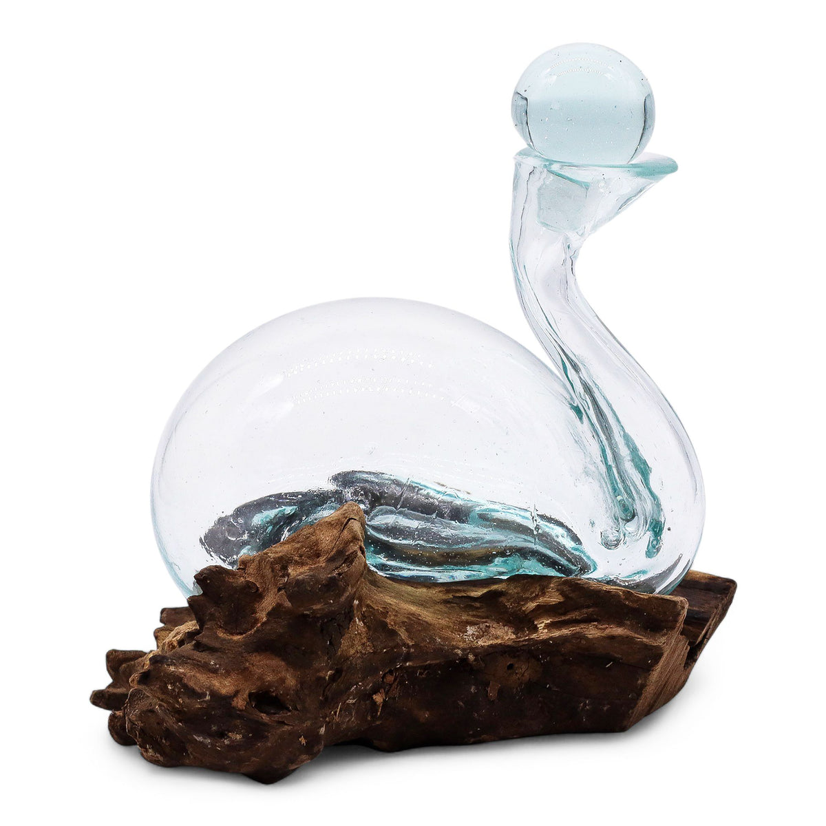 Molten Glass Duck Decanter on Wood with Stopper 19cm, pale blue glass duck on a dark wood base