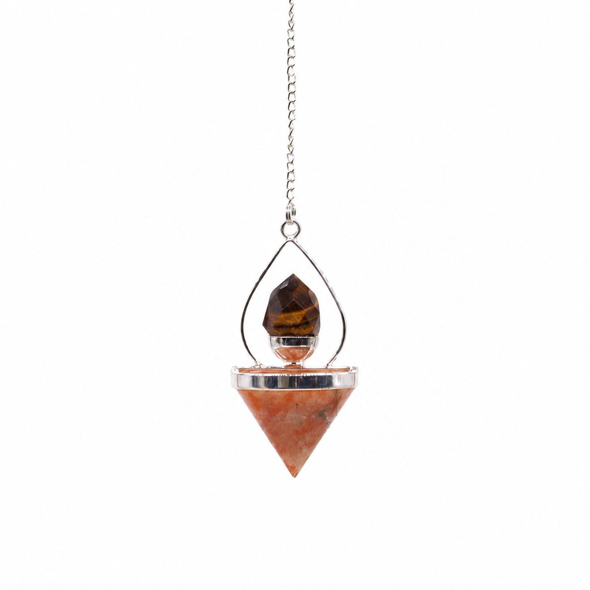 Lantern of Life pendulum hanging alone against white, with a dark faceted stone and red-brown point