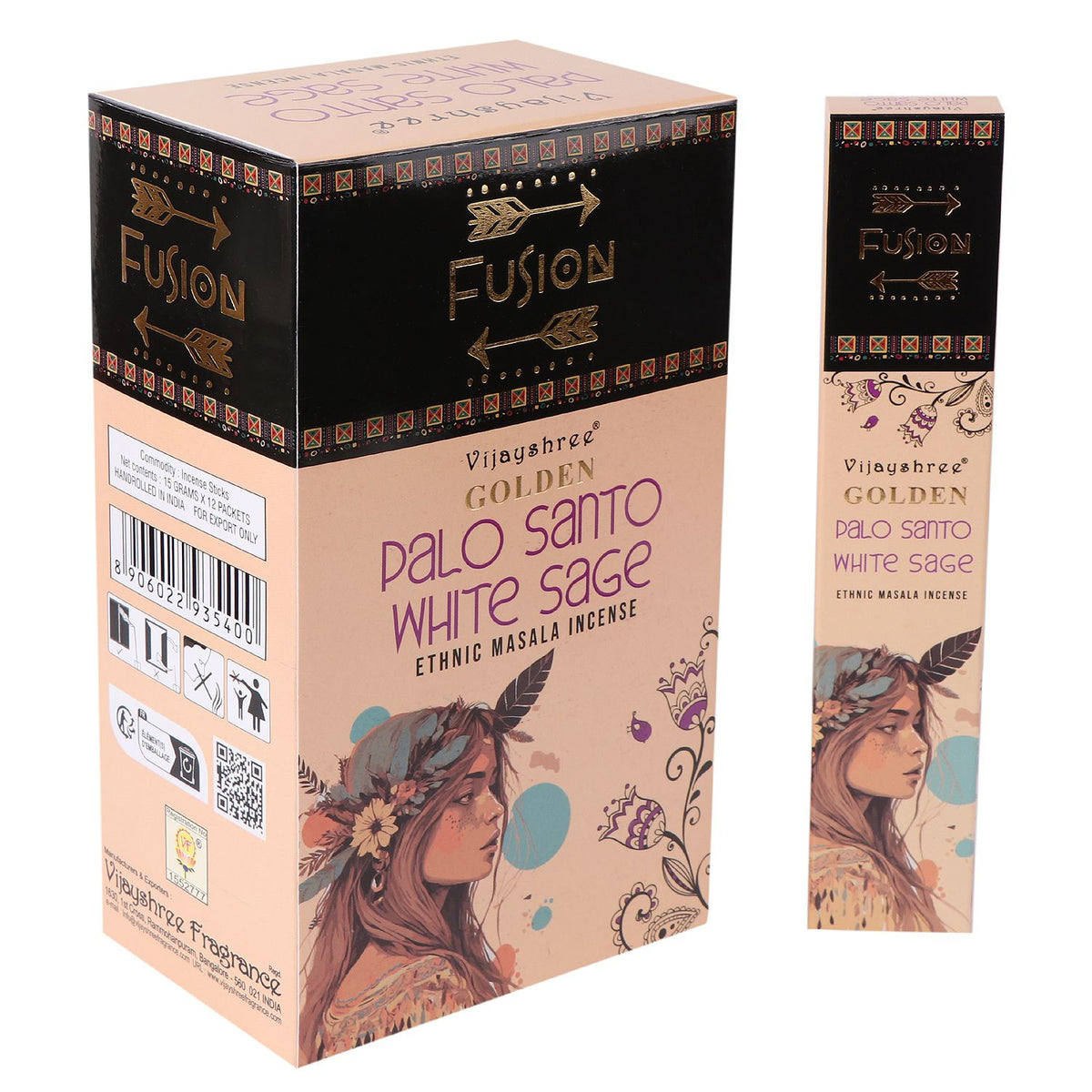 15g Golden Palo Santo and White Sage incense sticks in peach and black illustrated packaging, angled front and side view