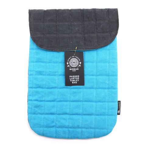 Laptop Padded Pouch, Terrific Turquoise, 14oz Stonewash, front view with dark grey flap and label