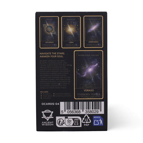 Celestial Energy Atlas Oracle Cards, Spiritual Deck box shown from the back with card artwork and barcode