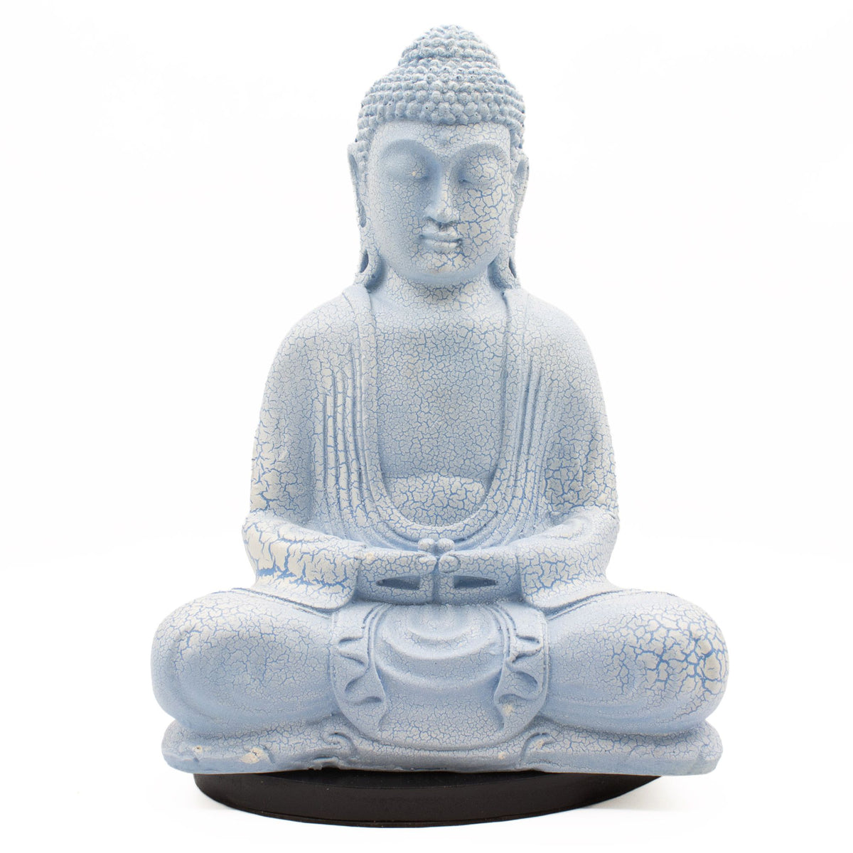 Sky blue Buddha lamp shown front on with its dark oval stand against a white background