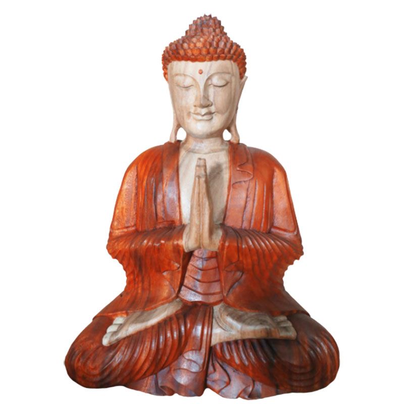 Buddha Statue seated front view against a plain white background, hands together and legs crossed