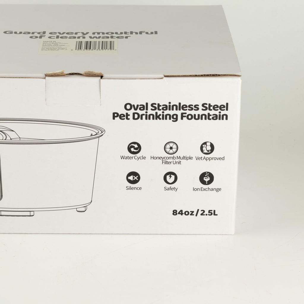Product box showing the pet fountain description