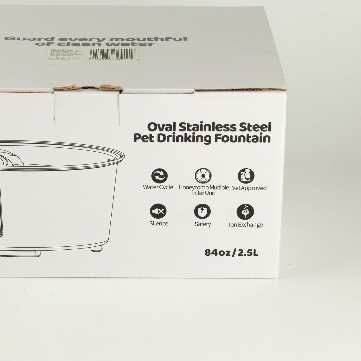 Product box showing the pet fountain description