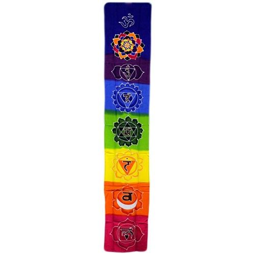 Chakra Drop Banner, rainbow fabric wall hanging shown flat from the front, with seven coloured chakra symbols