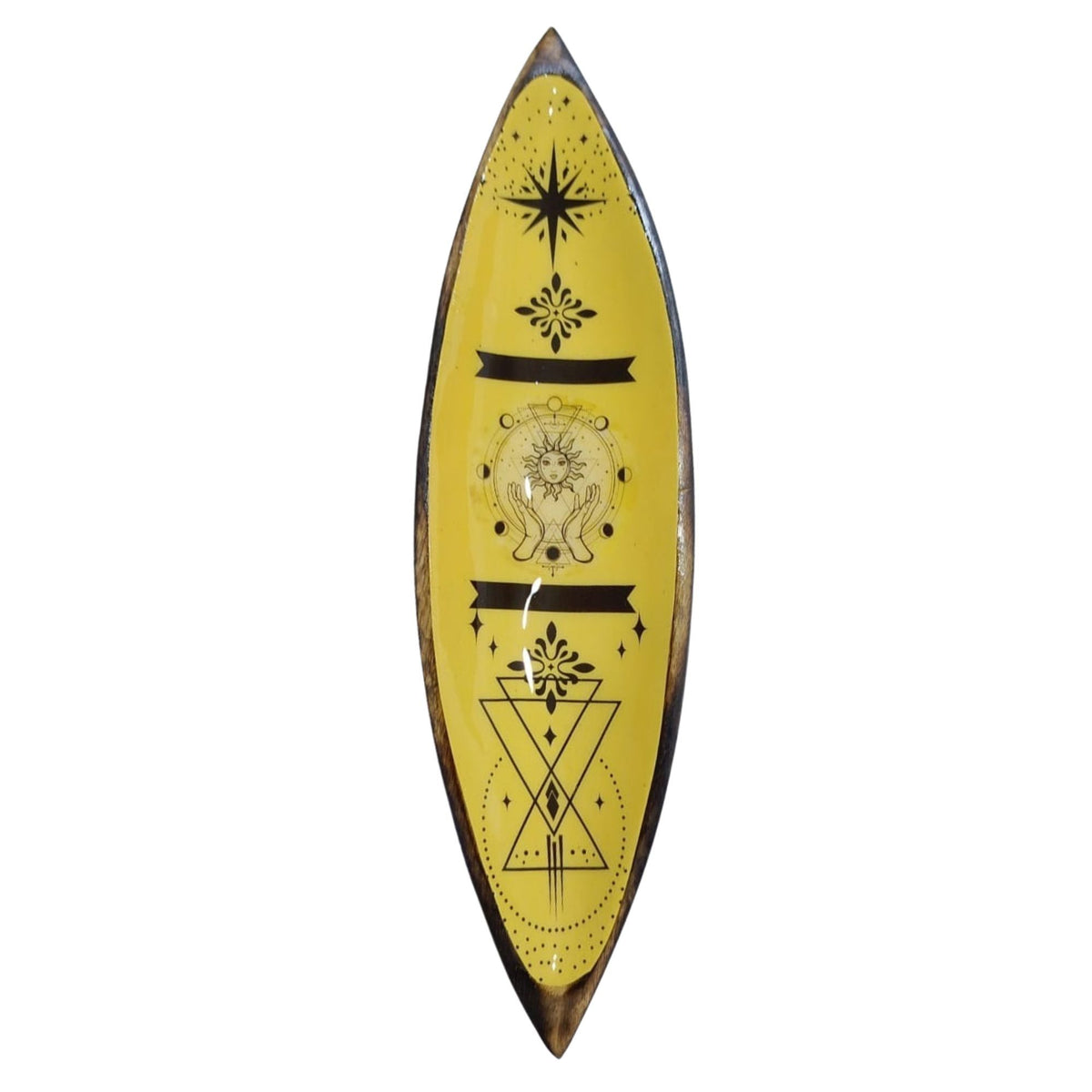 Enamel Incense Bowl, Mango Wood, Hand & Sun, yellow oval bowl with dark rim and printed symbols