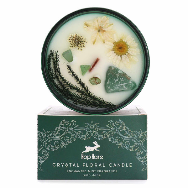 Hop Hare The Magician crystal candle with jade and dried daisies, above its green box