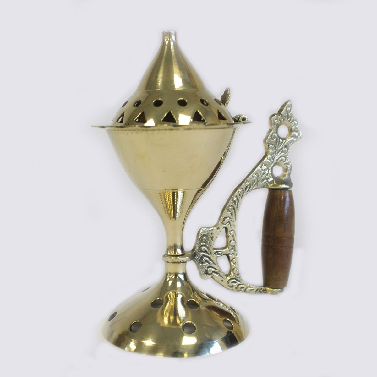 Single cone burner upright against a pale background, with its ornate handle and wooden grip visible