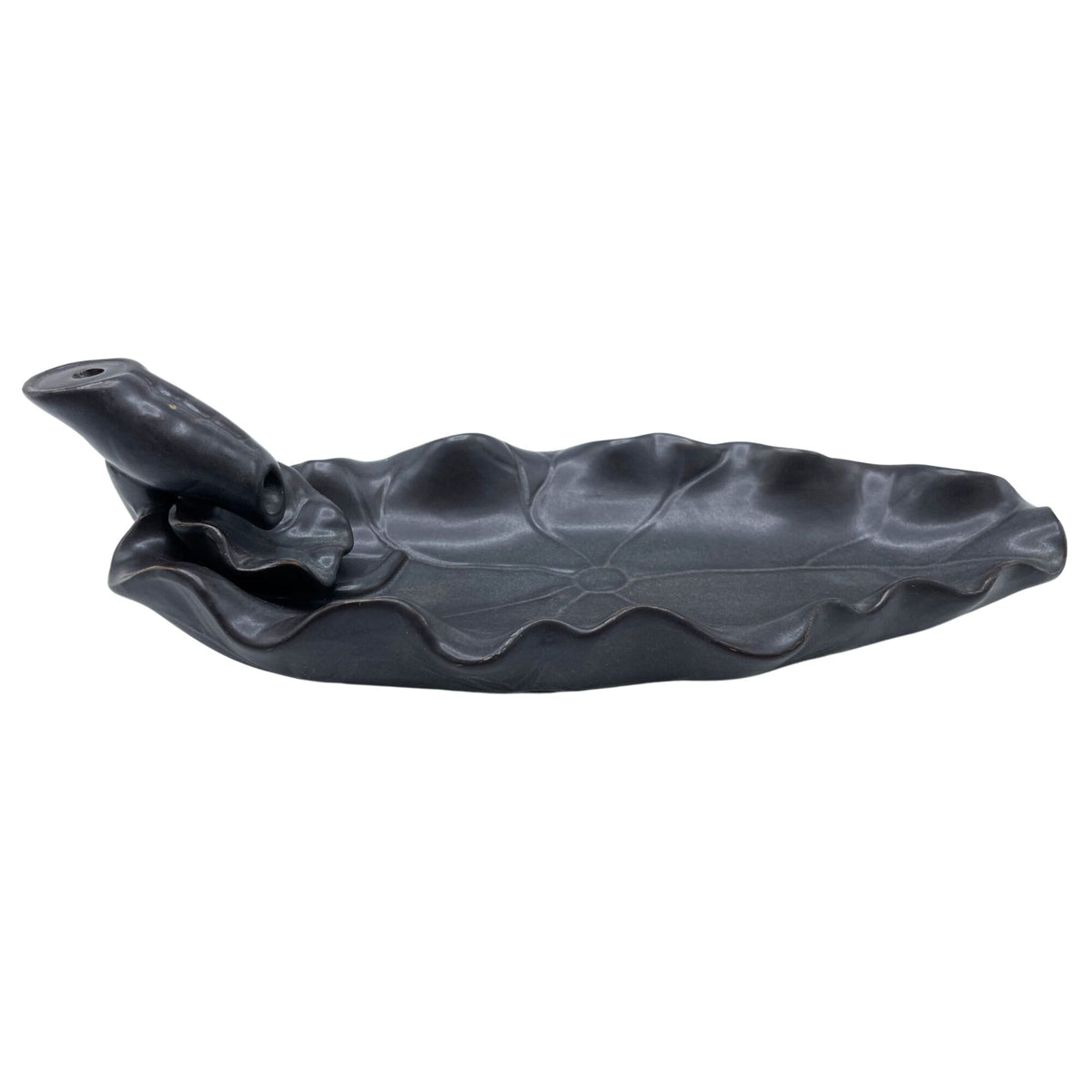 Backflow Incense Burner, Lotus Flower, dark grey sculpted dish shown alone from an angled front view