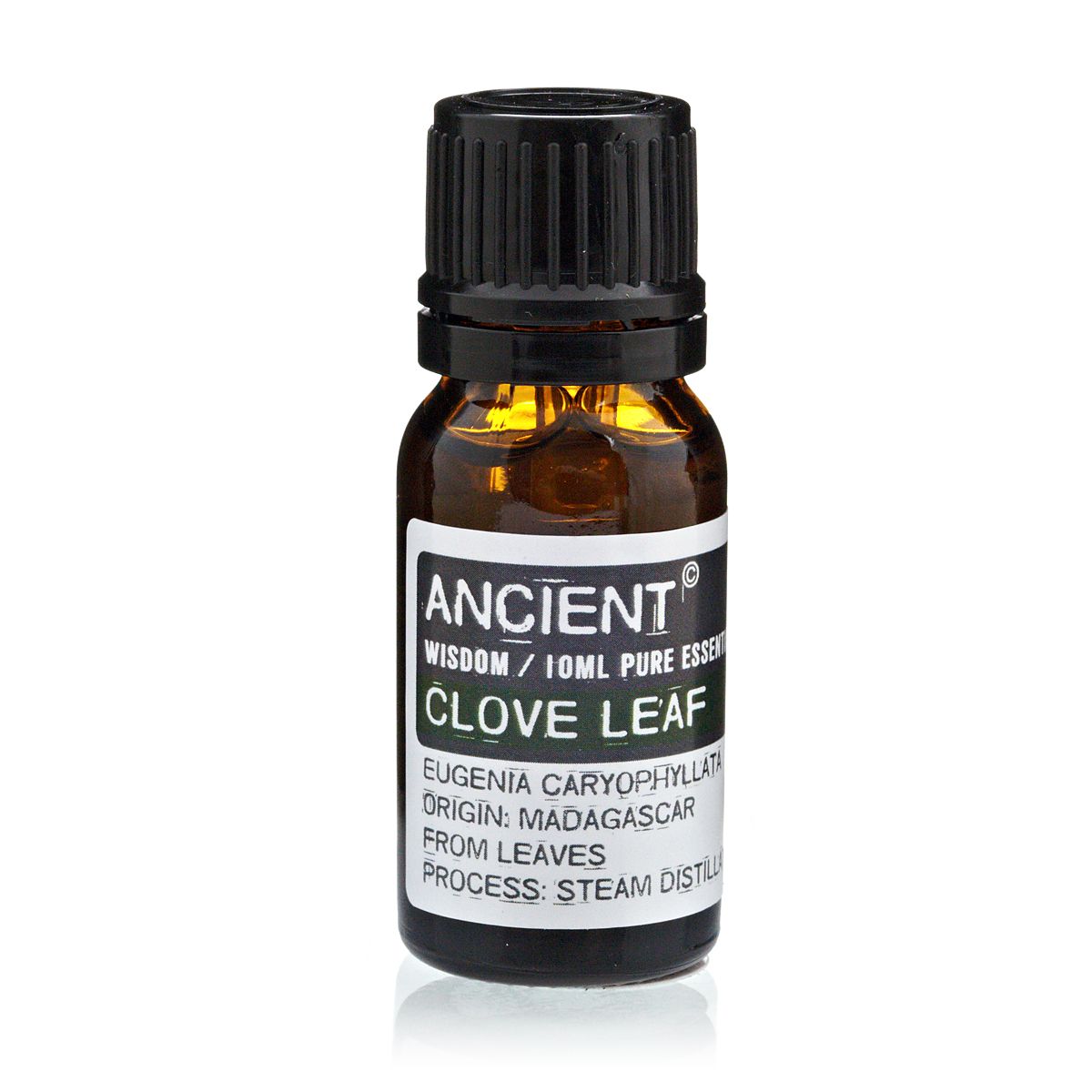 10 ml Clove Leaf Essential Oil in an amber glass bottle with a black cap, shown upright from the front