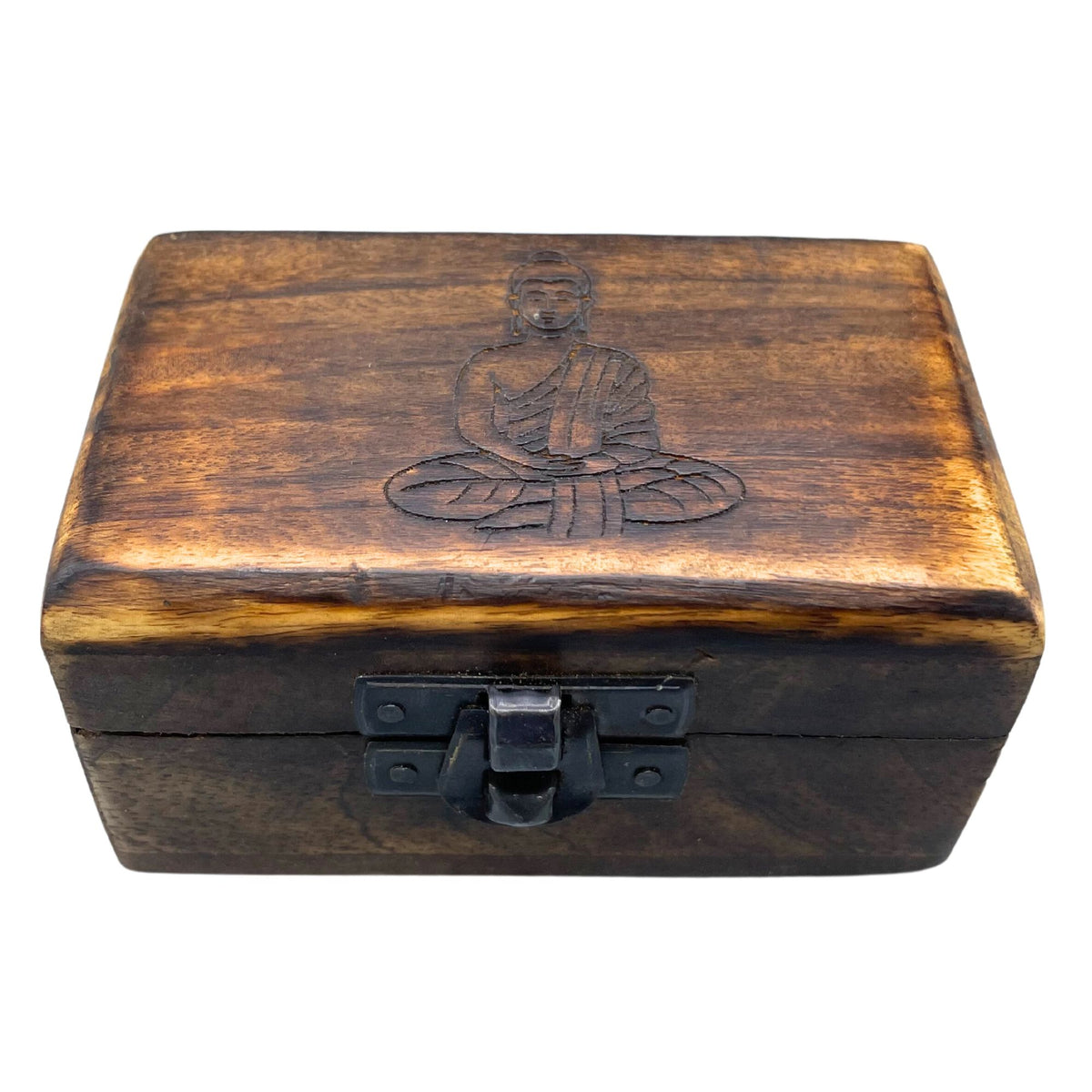 Wooden Pill Box 9x5x4cm, Carved Designs, Assorted, brown box with seated figure carving and front clasp