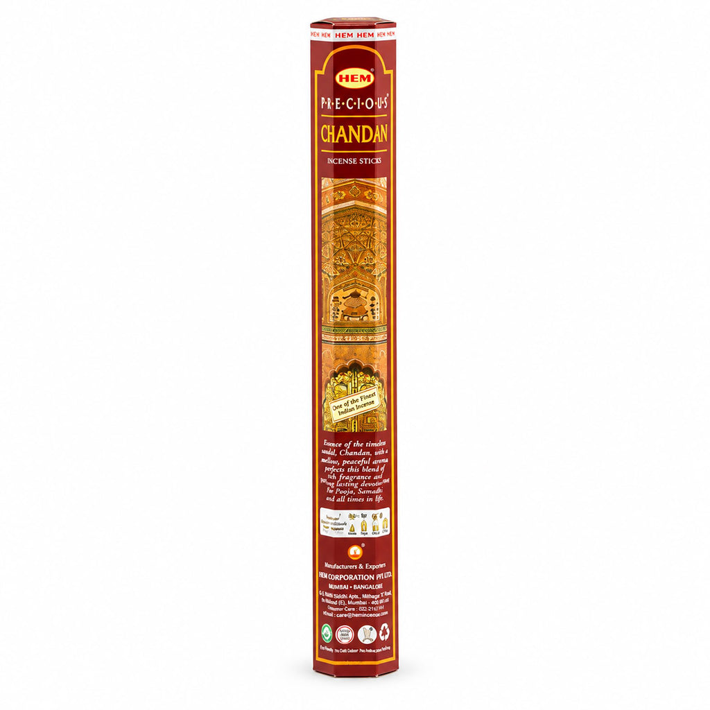 HEM Precious Chandan incense in its tall red and gold hexagonal pack