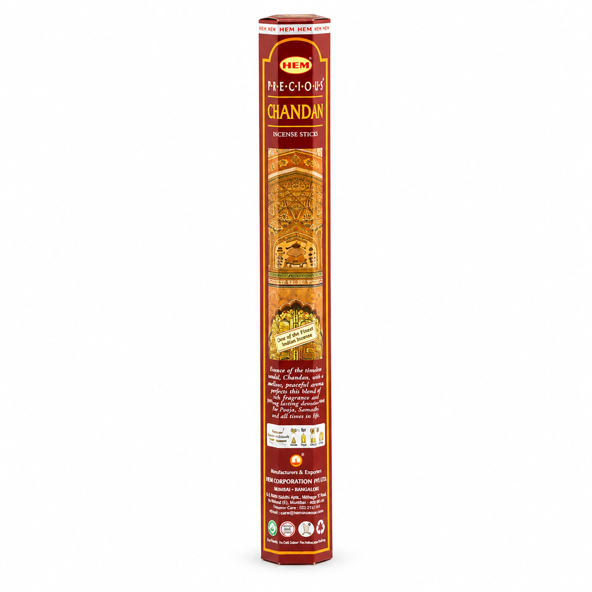 HEM Precious Chandan incense in its tall red and gold hexagonal pack