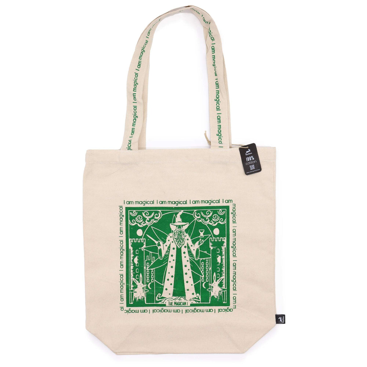 Cream cotton tote bag printed with the green Magician tarot card design