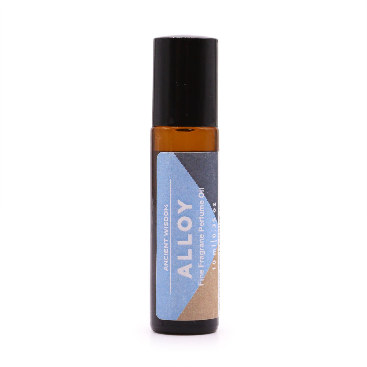 Alloy Fine Fragrance Perfume Oil 10ml, amber roll-on bottle with a black cap and blue label